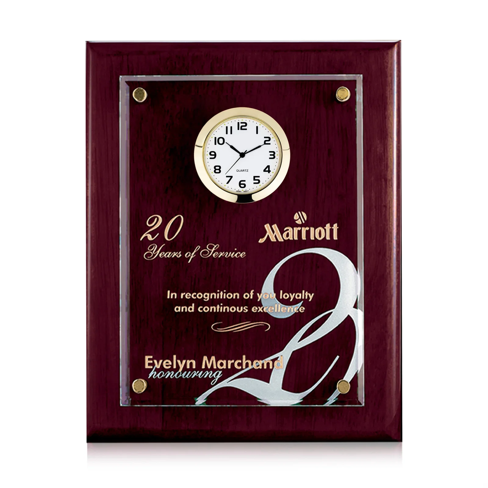 Custom Rosewood Plaque Clock With Starfire Crystal Plate, Desk or Wall for service anniversary gifts