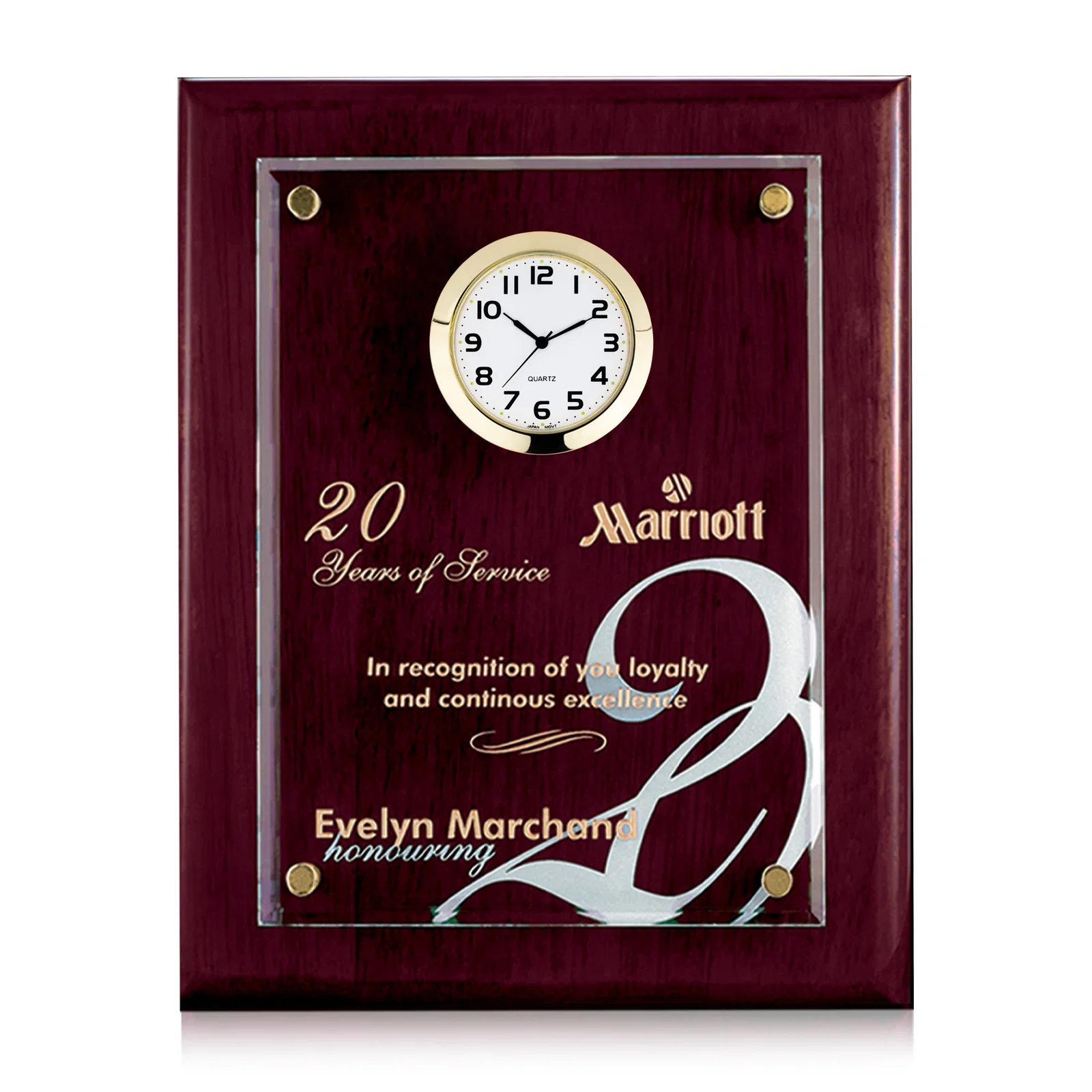 Custom Rosewood Plaque Clock With Starfire Crystal Plate, Desk or Wall for sales achievement awards