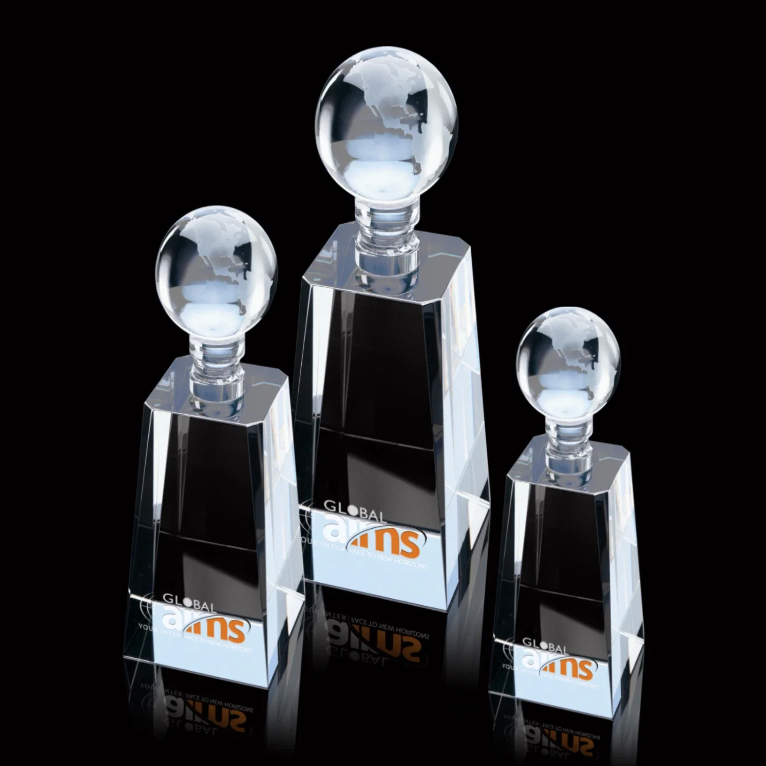 Custom Optical Crystal Monolith Award with Twisting Bevels and Globe Top for employee recognition