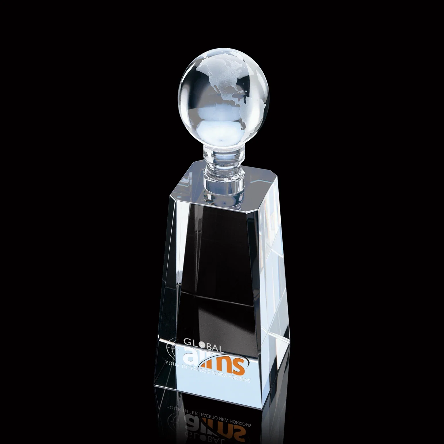 Custom Optical Crystal Monolith Award with Twisting Bevels and Globe Top for corporate award ceremonies