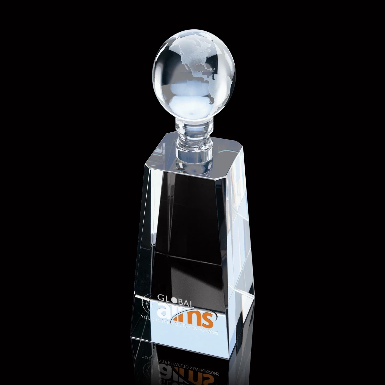 Custom Optical Crystal Monolith Award with Twisting Bevels and Globe Top for service anniversary gifts