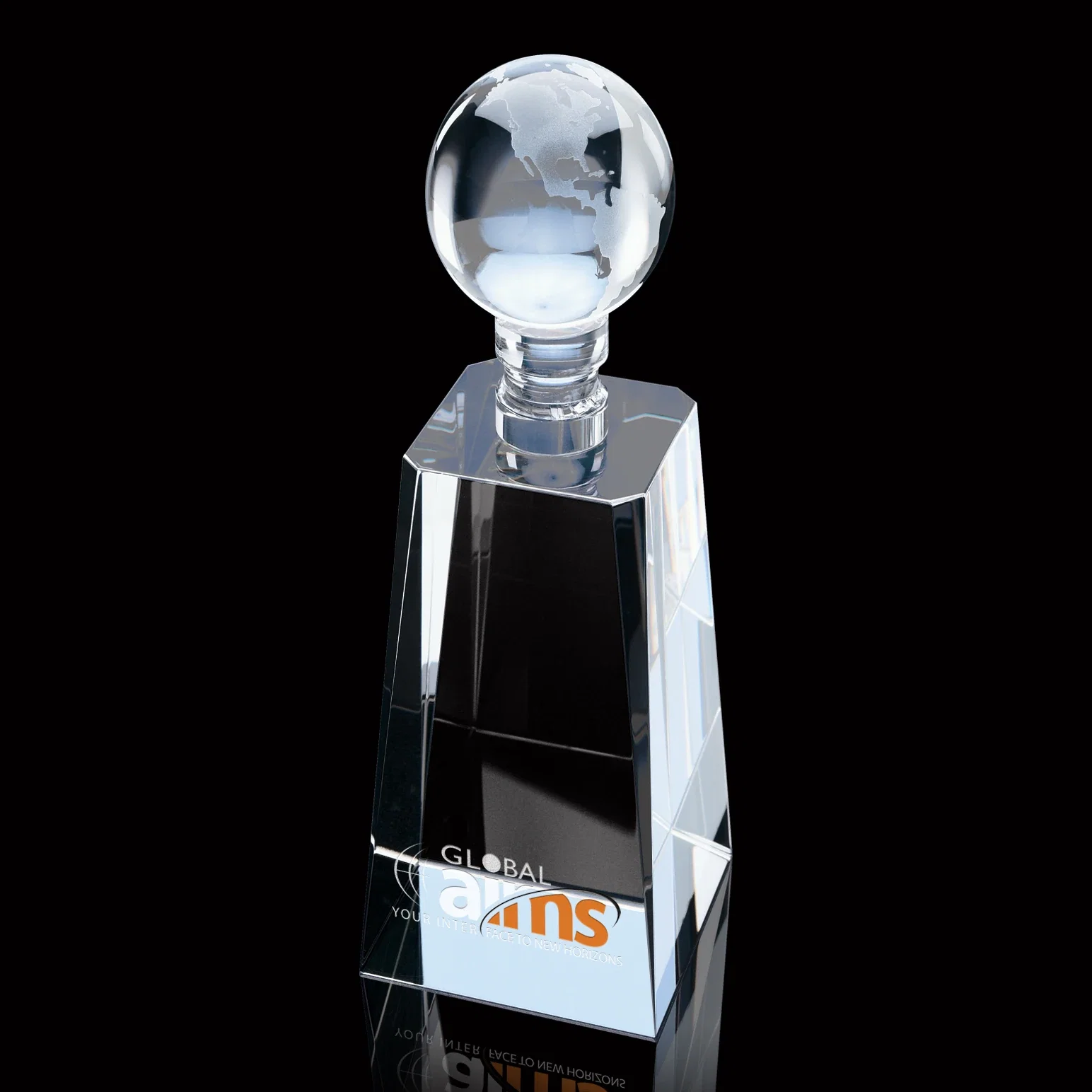 Custom Optical Crystal Monolith Award with Twisting Bevels and Globe Top for sales achievement awards