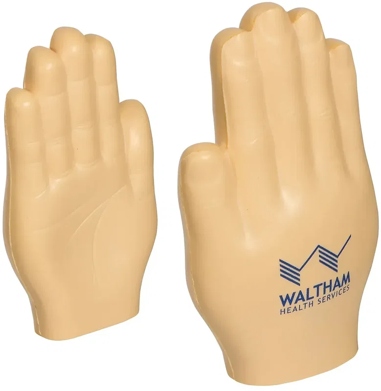 Open-hand custom stress reliever, branded promotional squeeze toy for logo giveaways