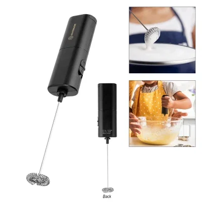 Black handheld drink mixer with a slim eight inch body