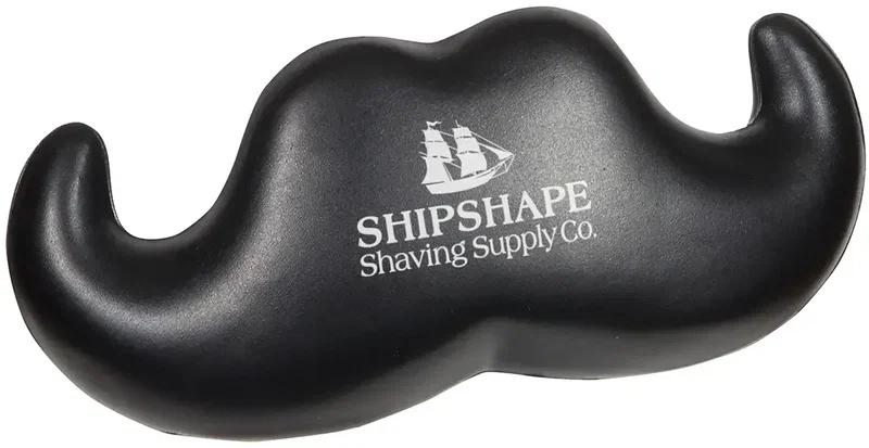 Handlebar mustache custom stress reliever, curled novelty squeeze toy branded with logo, front view