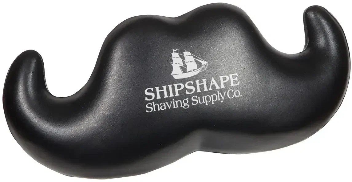 Handlebar mustache custom stress reliever, curled novelty squeeze toy branded with logo, front view