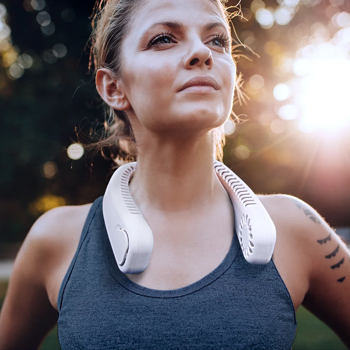 Hands-Free Rechargeable Neck Fan being worn