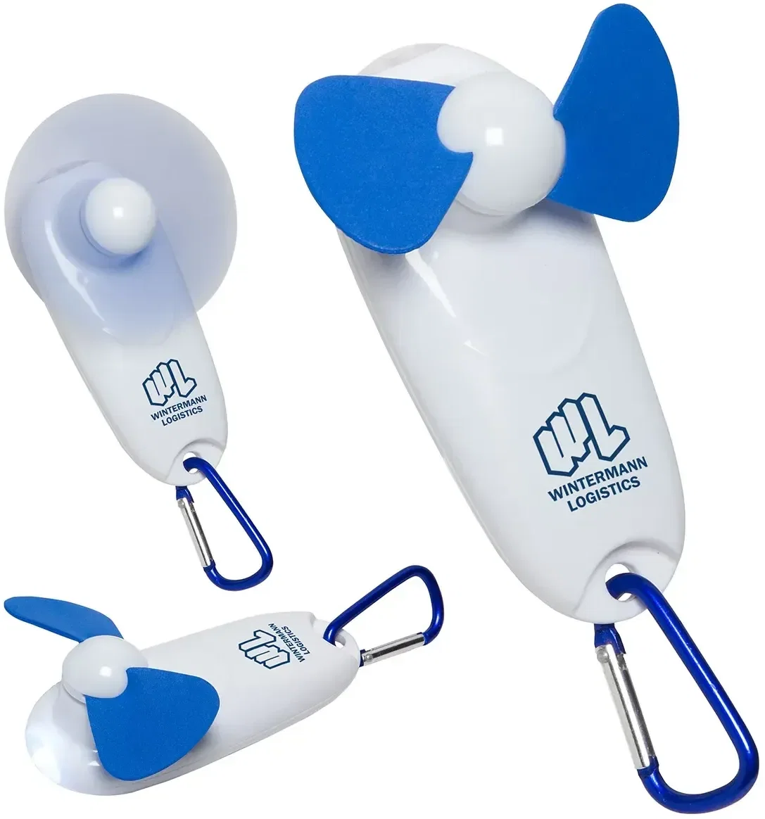 Branded Handy Breeze carabiner fan showing built-in LED light in use