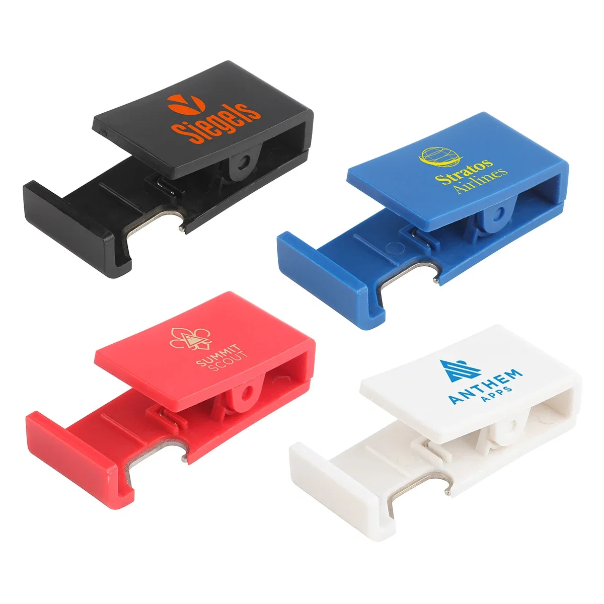 Custom Handy Clip with Built-In Phone Stand & Bottle Opener, front view of the branded clip
