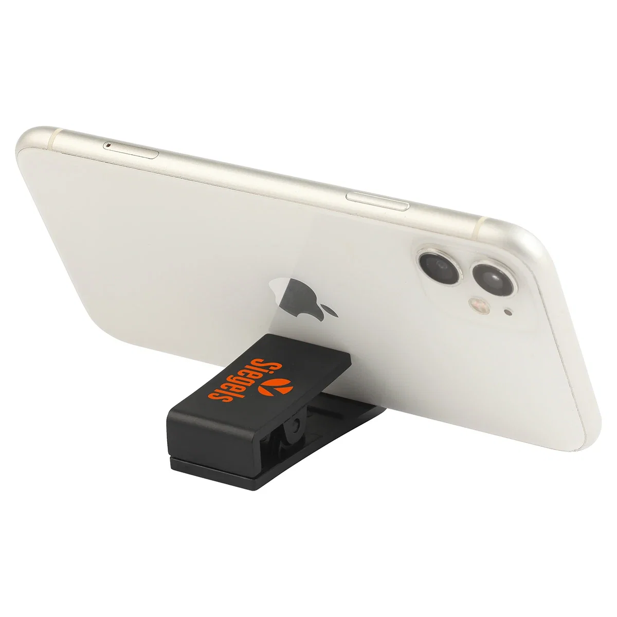 Close-up of the Handy Clip's built-in phone stand feature propped open