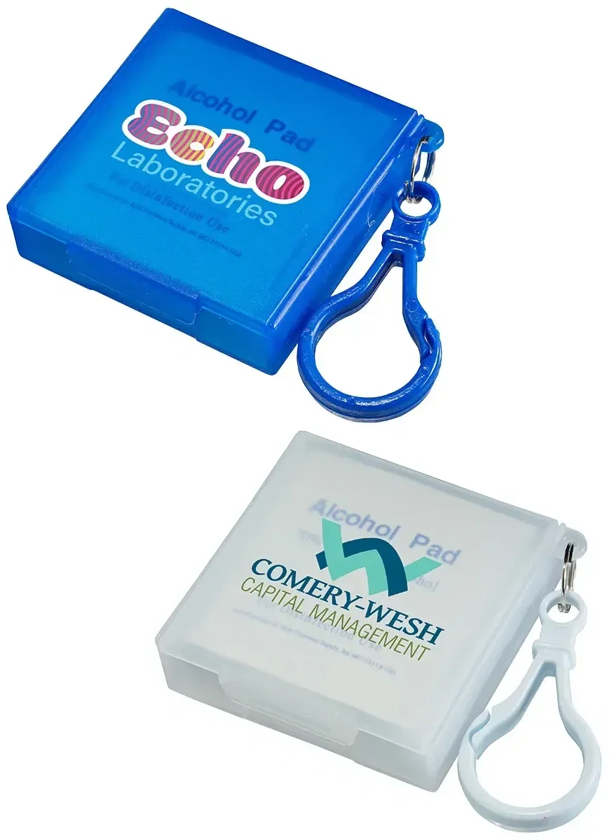 Handy Pack carabiner sanitizing wipes, custom branded clip-on hygiene kit, front hero view