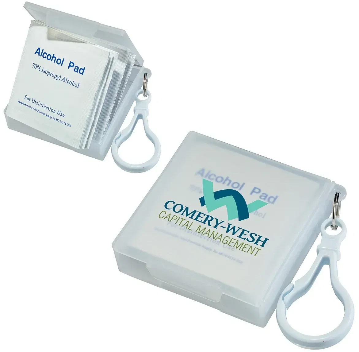 Promotional branded Handy Pack wipes clipped to a bag, side view with logo