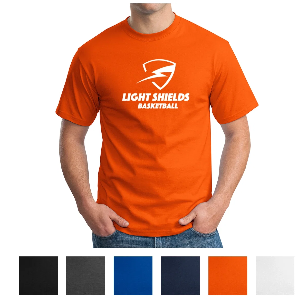 Short sleeve cotton tee shown front on with a crew neckline