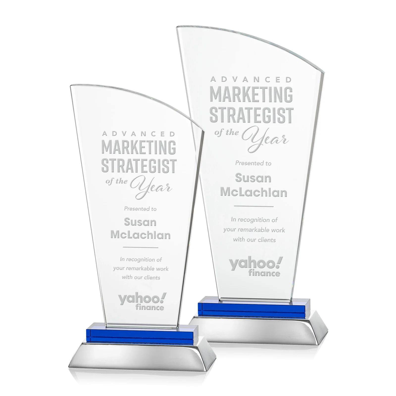 Custom Starfire Crystal Arched-Peak Award, Blue and Aluminum Double Base, metal awards for employee recognition