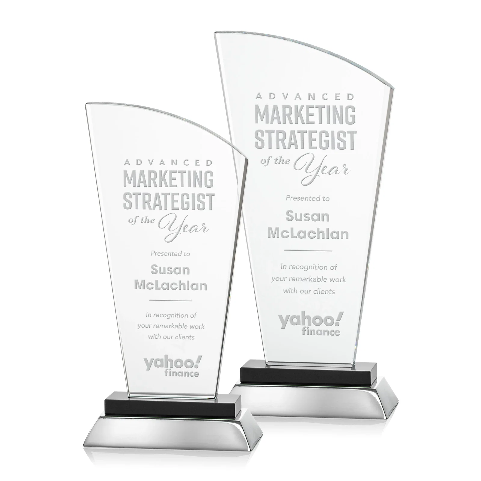 Custom Starfire Crystal Arched-Peak Award, Blue and Aluminum Double Base, metal awards for volunteer appreciation