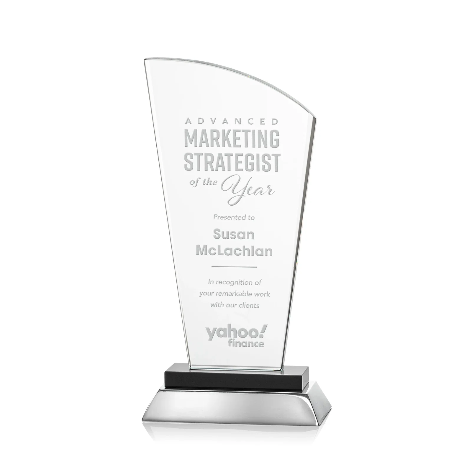 Custom Starfire Crystal Arched-Peak Award, Blue and Aluminum Double Base, metal awards for dealer and partner awards