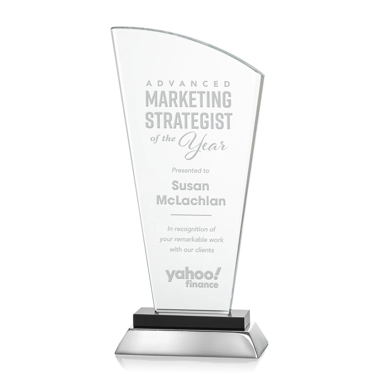 Custom Starfire Crystal Arched-Peak Award, Blue and Aluminum Double Base, metal awards for company anniversary events