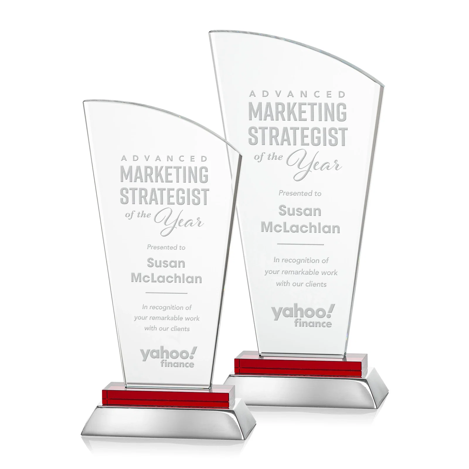 Personalized Starfire Crystal Arched-Peak Award, Blue and Aluminum Double Base, metal awards for employee recognition