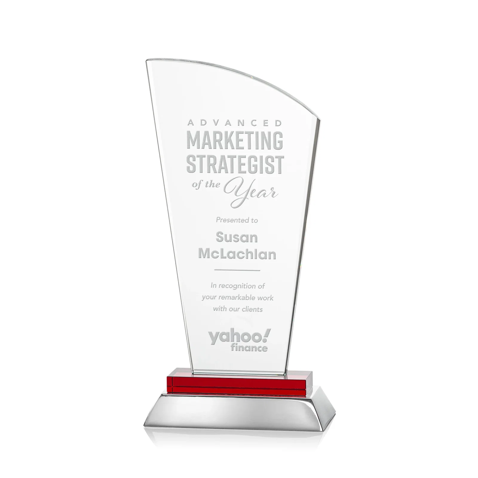 Personalized Starfire Crystal Arched-Peak Award, Blue and Aluminum Double Base, metal awards for corporate award ceremonies