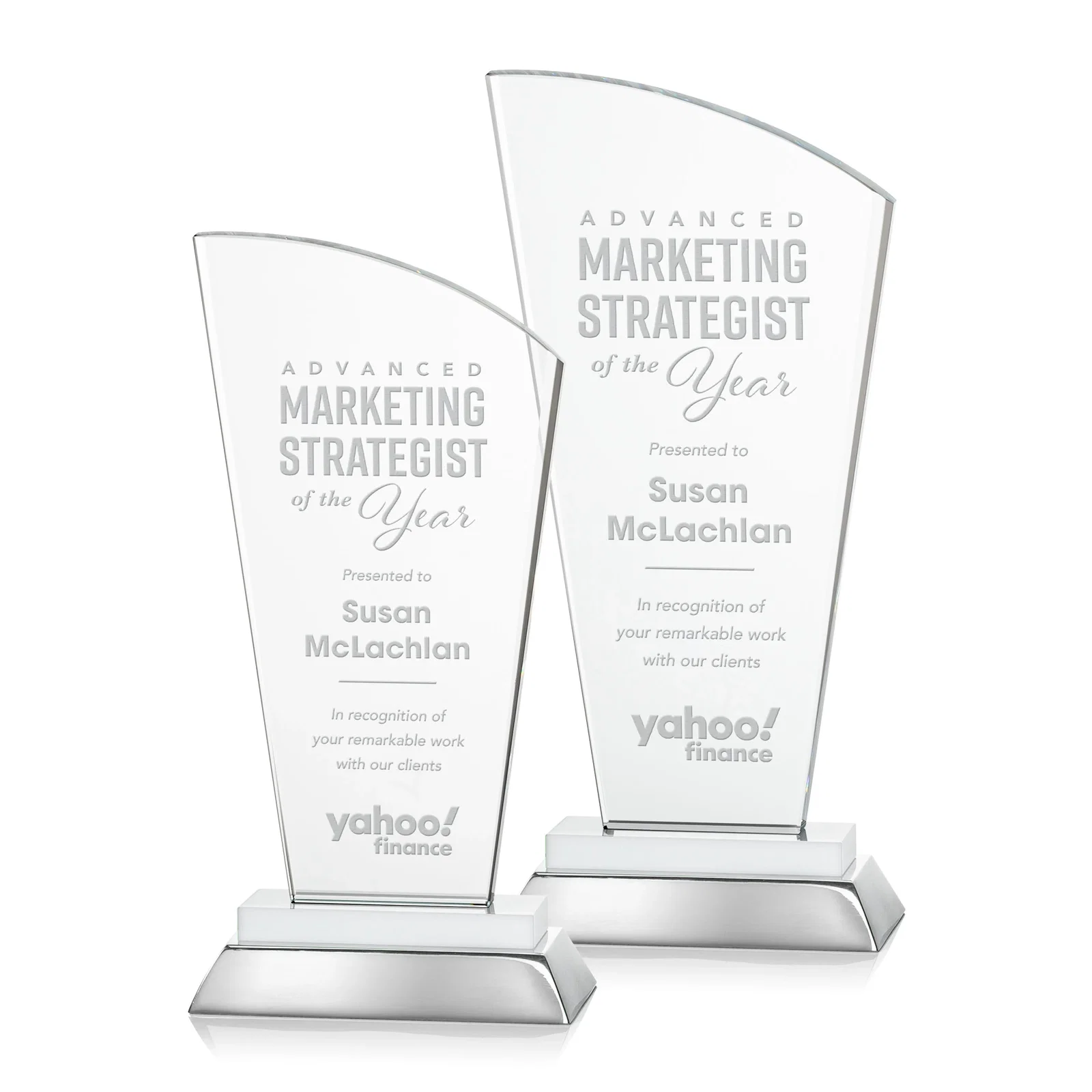 Personalized Starfire Crystal Arched-Peak Award, Blue and Aluminum Double Base, metal awards for sales achievement awards