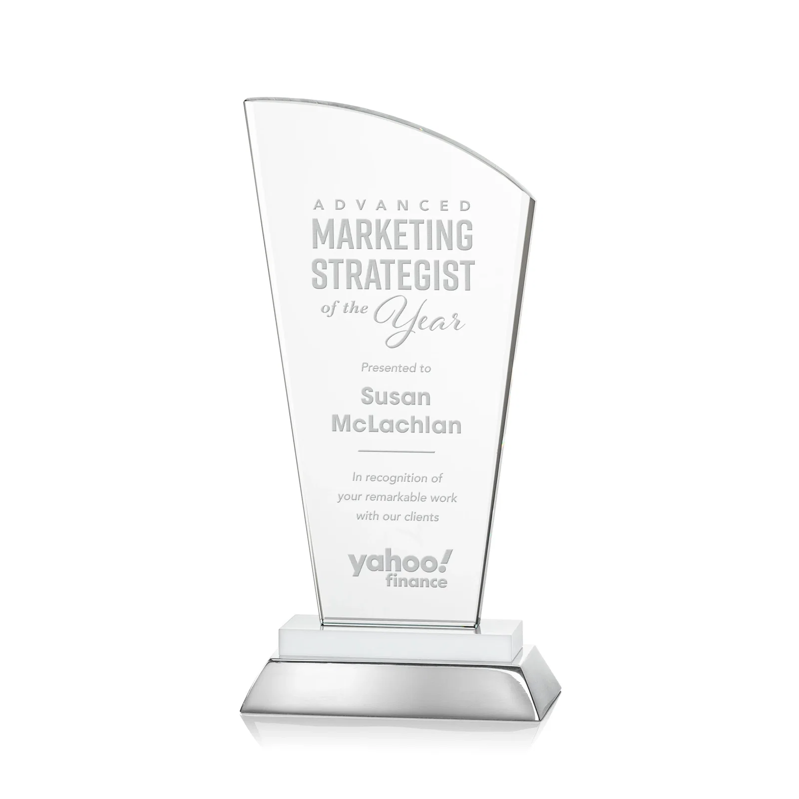 Personalized Starfire Crystal Arched-Peak Award, Blue and Aluminum Double Base, metal awards for retirement presentations
