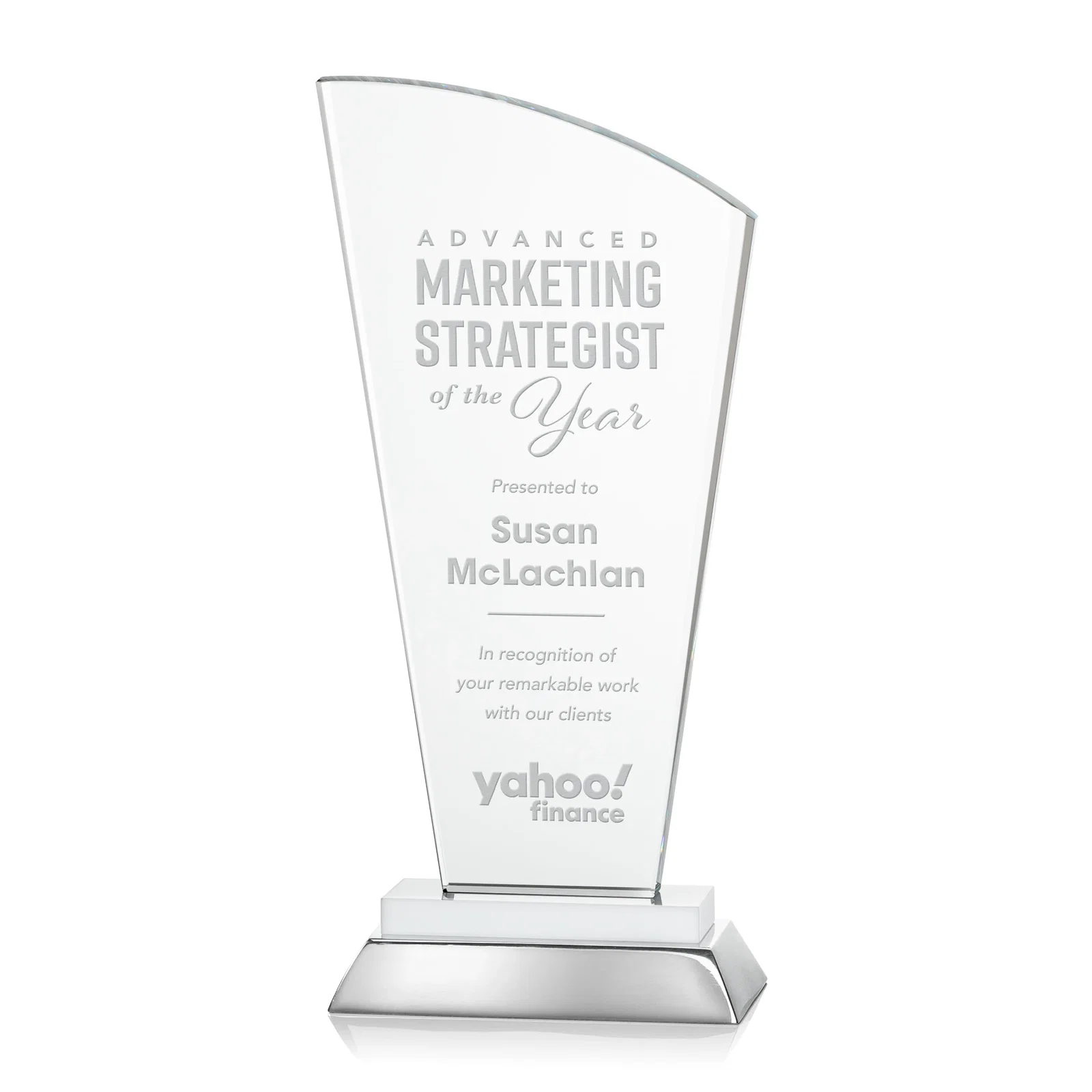 Personalized Starfire Crystal Arched-Peak Award, Blue and Aluminum Double Base, metal awards for team milestone celebrations