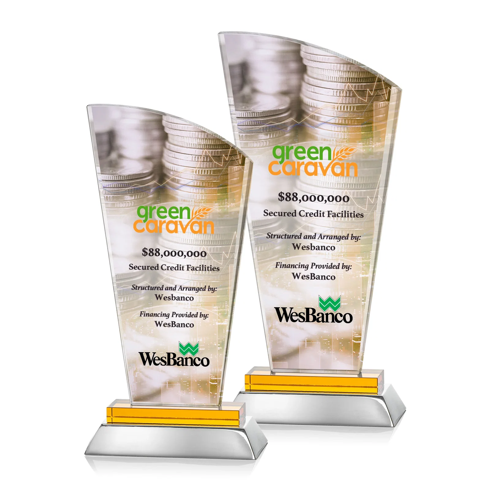 Personalized Starfire Crystal Arched-Peak Award, Blue and Aluminum Double Base, metal awards for donor appreciation