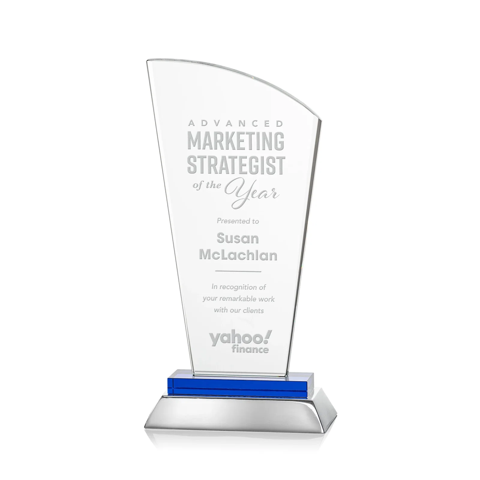 Custom Starfire Crystal Arched-Peak Award, Blue and Aluminum Double Base, metal awards for corporate award ceremonies