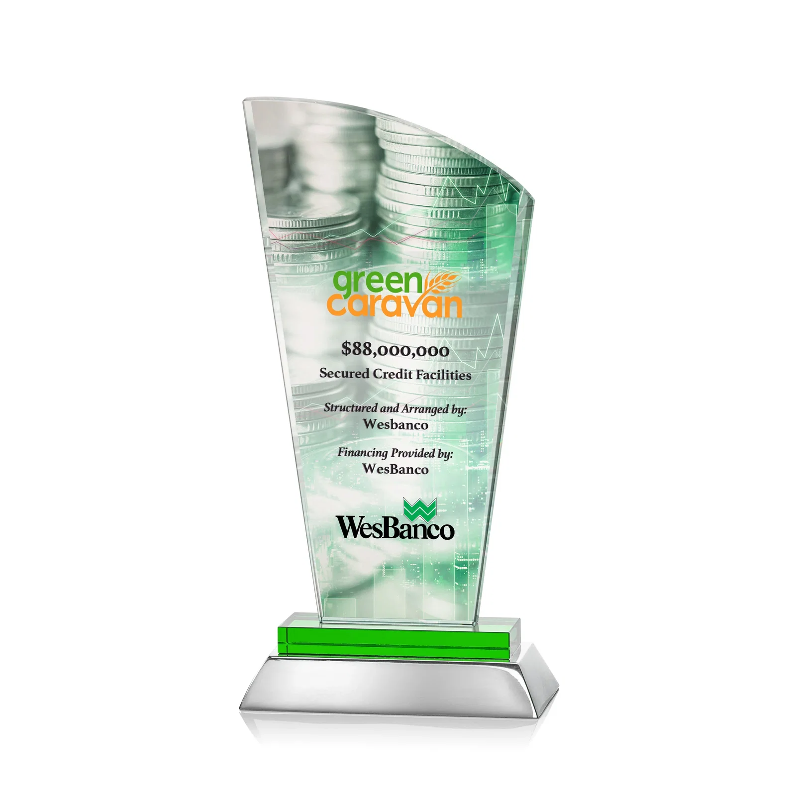 Personalized Starfire Crystal Arched-Peak Award, Blue and Aluminum Double Base, metal awards for dealer and partner awards