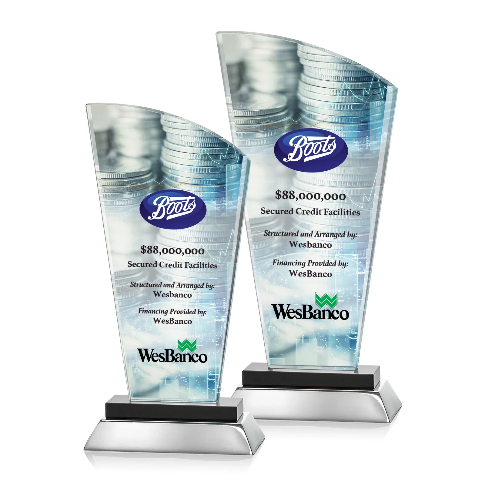Promotional Starfire Crystal Arched-Peak Award, Blue and Aluminum Double Base, metal awards for employee recognition