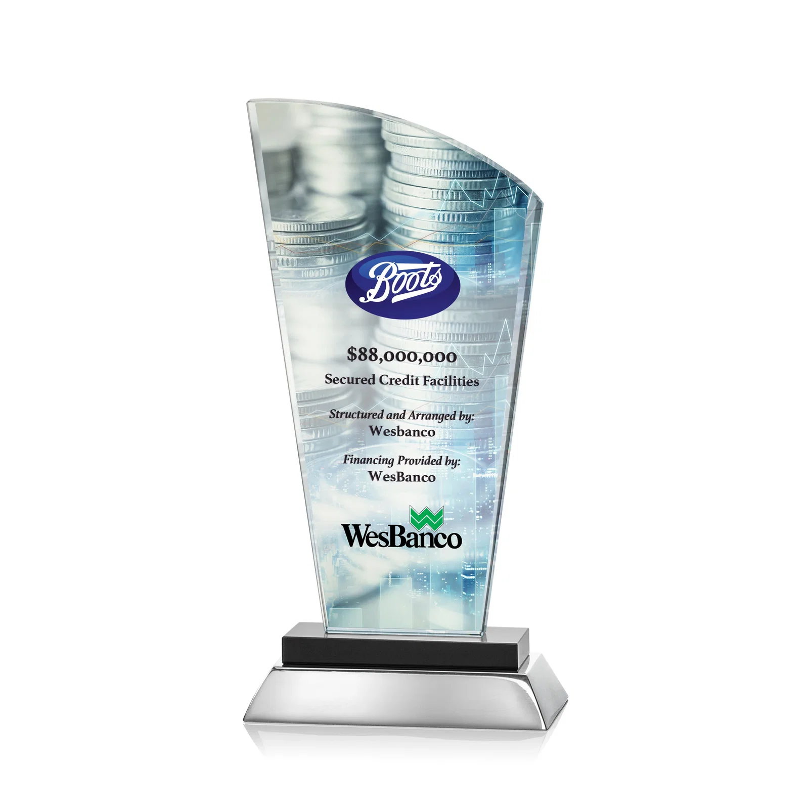 Promotional Starfire Crystal Arched-Peak Award, Blue and Aluminum Double Base, metal awards for corporate award ceremonies