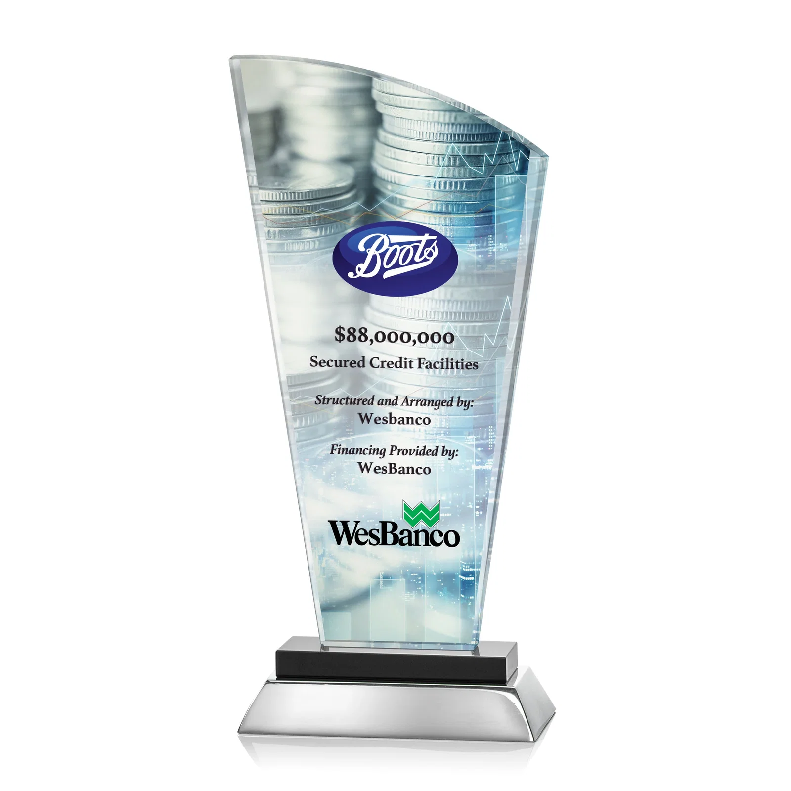 Promotional Starfire Crystal Arched-Peak Award, Blue and Aluminum Double Base, metal awards for service anniversary gifts