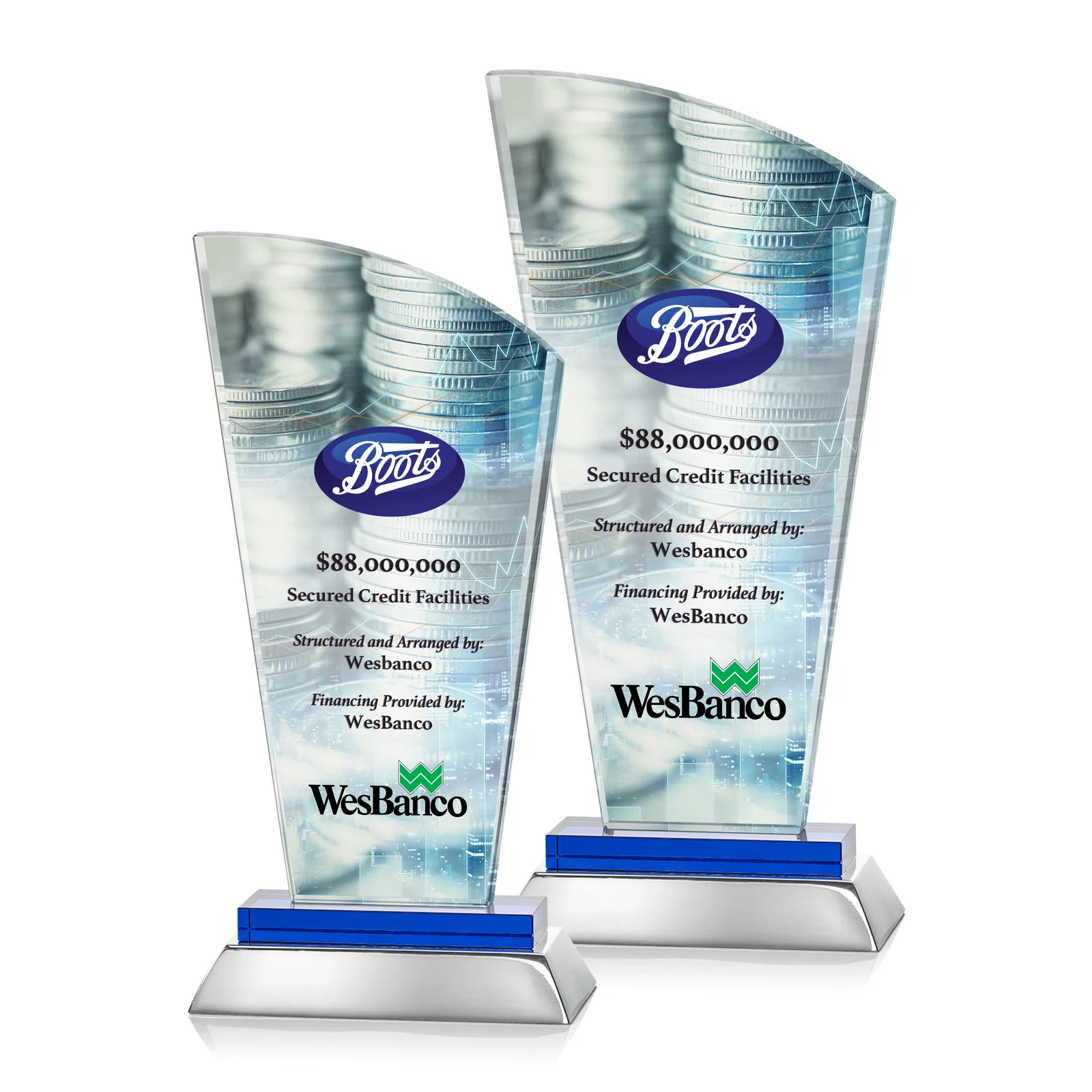 Promotional Starfire Crystal Arched-Peak Award, Blue and Aluminum Double Base, metal awards for sales achievement awards