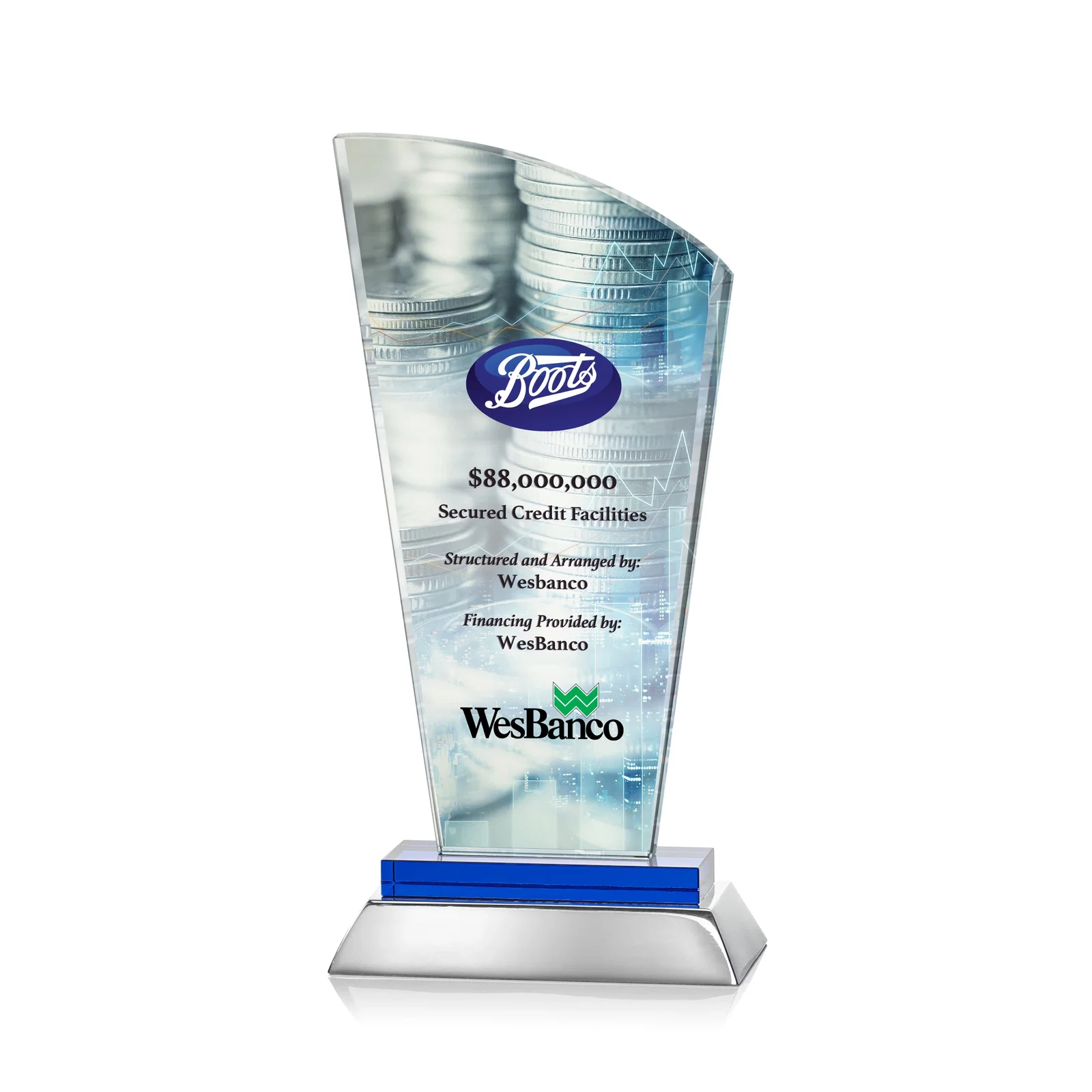 Promotional Starfire Crystal Arched-Peak Award, Blue and Aluminum Double Base, metal awards for retirement presentations