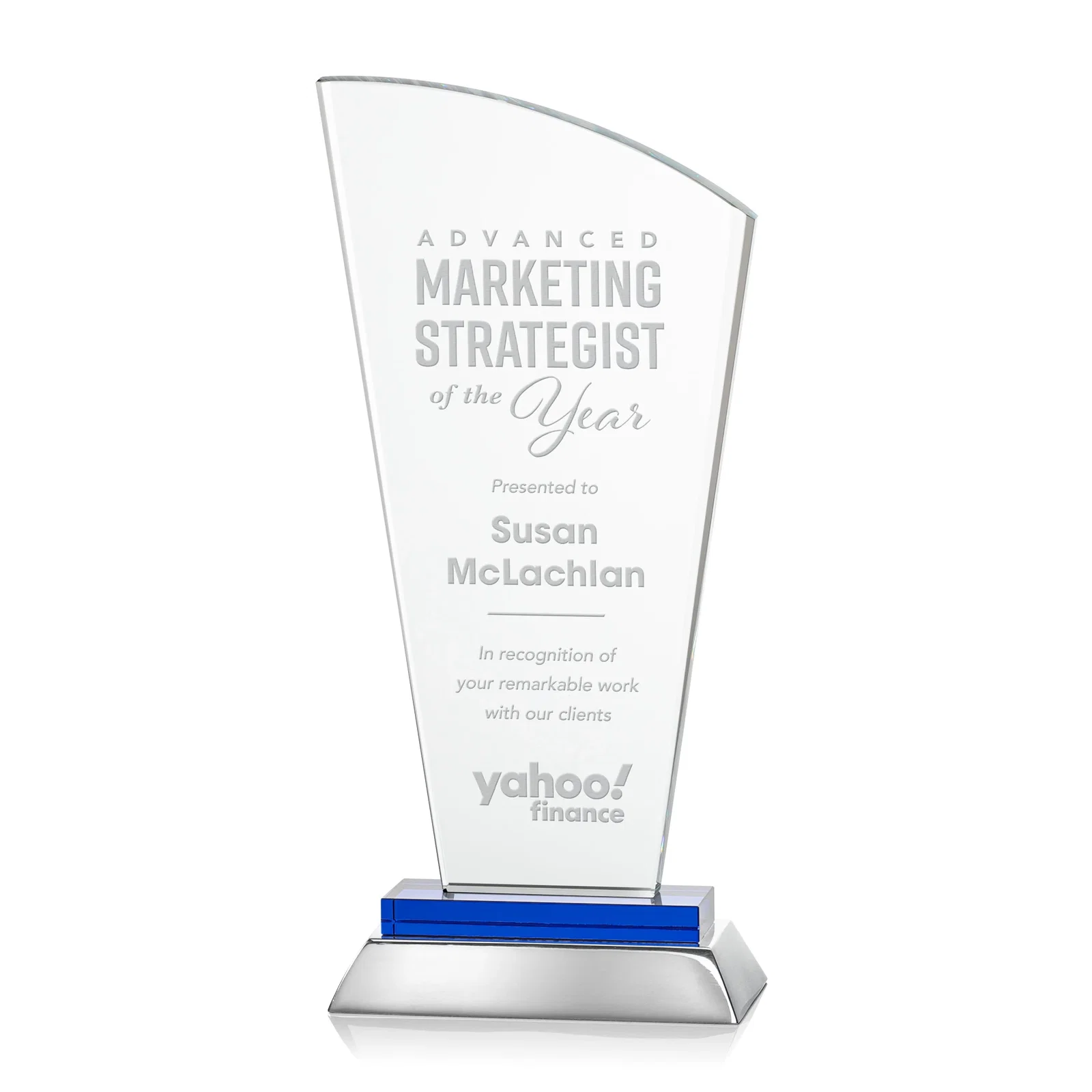 Custom Starfire Crystal Arched-Peak Award, Blue and Aluminum Double Base, metal awards for service anniversary gifts