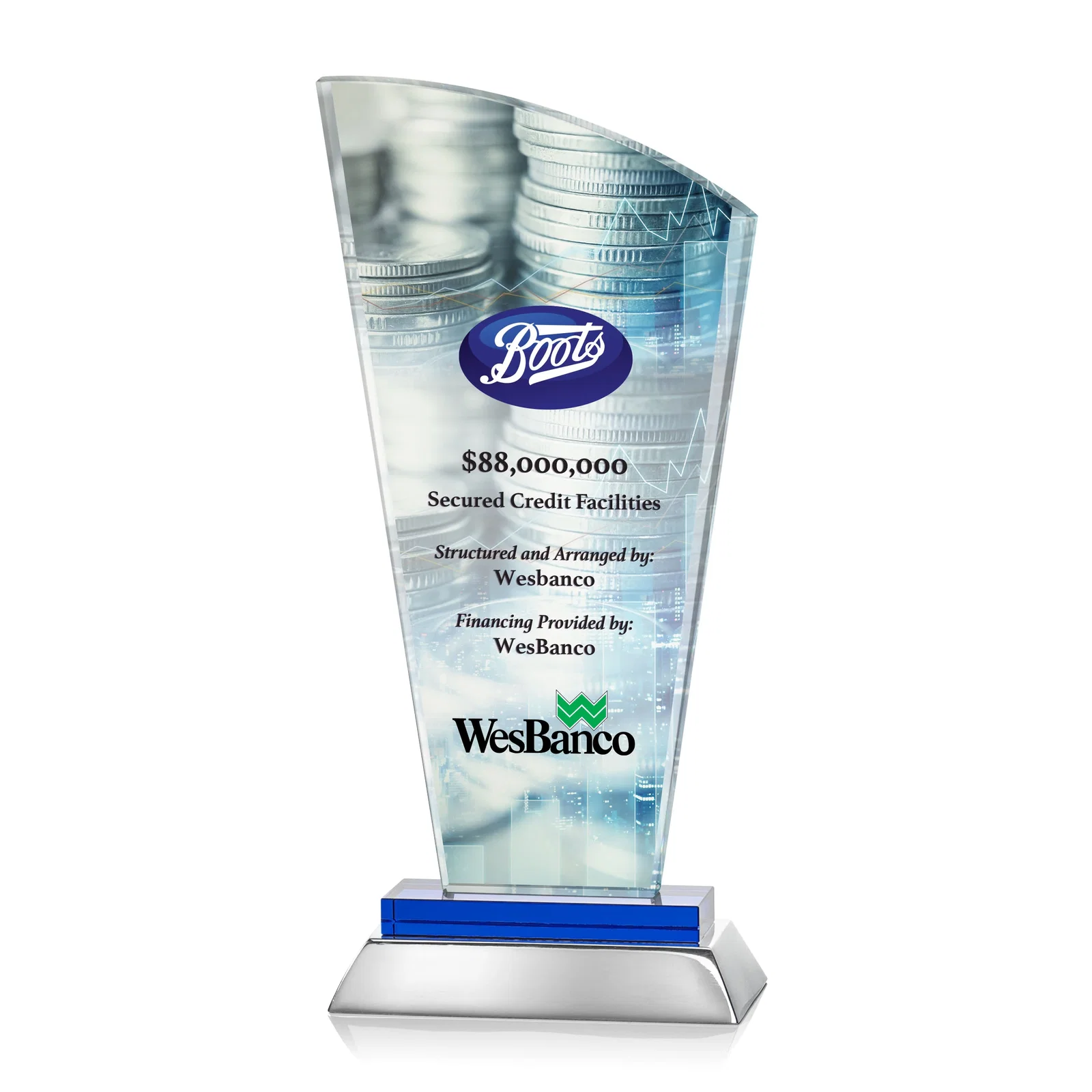 Promotional Starfire Crystal Arched-Peak Award, Blue and Aluminum Double Base, metal awards for team milestone celebrations