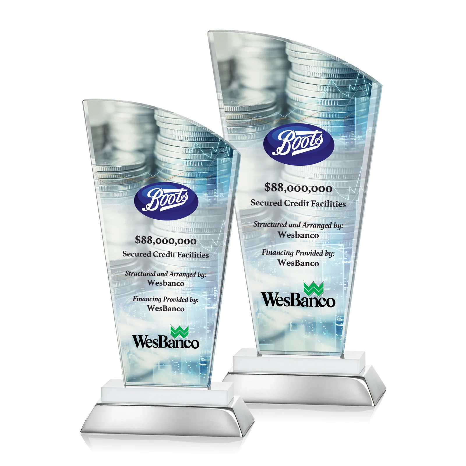 Promotional Starfire Crystal Arched-Peak Award, Blue and Aluminum Double Base, metal awards for volunteer appreciation