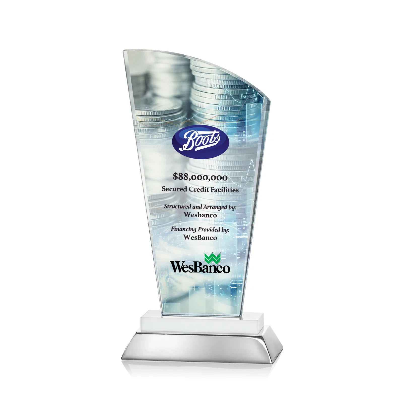 Promotional Starfire Crystal Arched-Peak Award, Blue and Aluminum Double Base, metal awards for dealer and partner awards