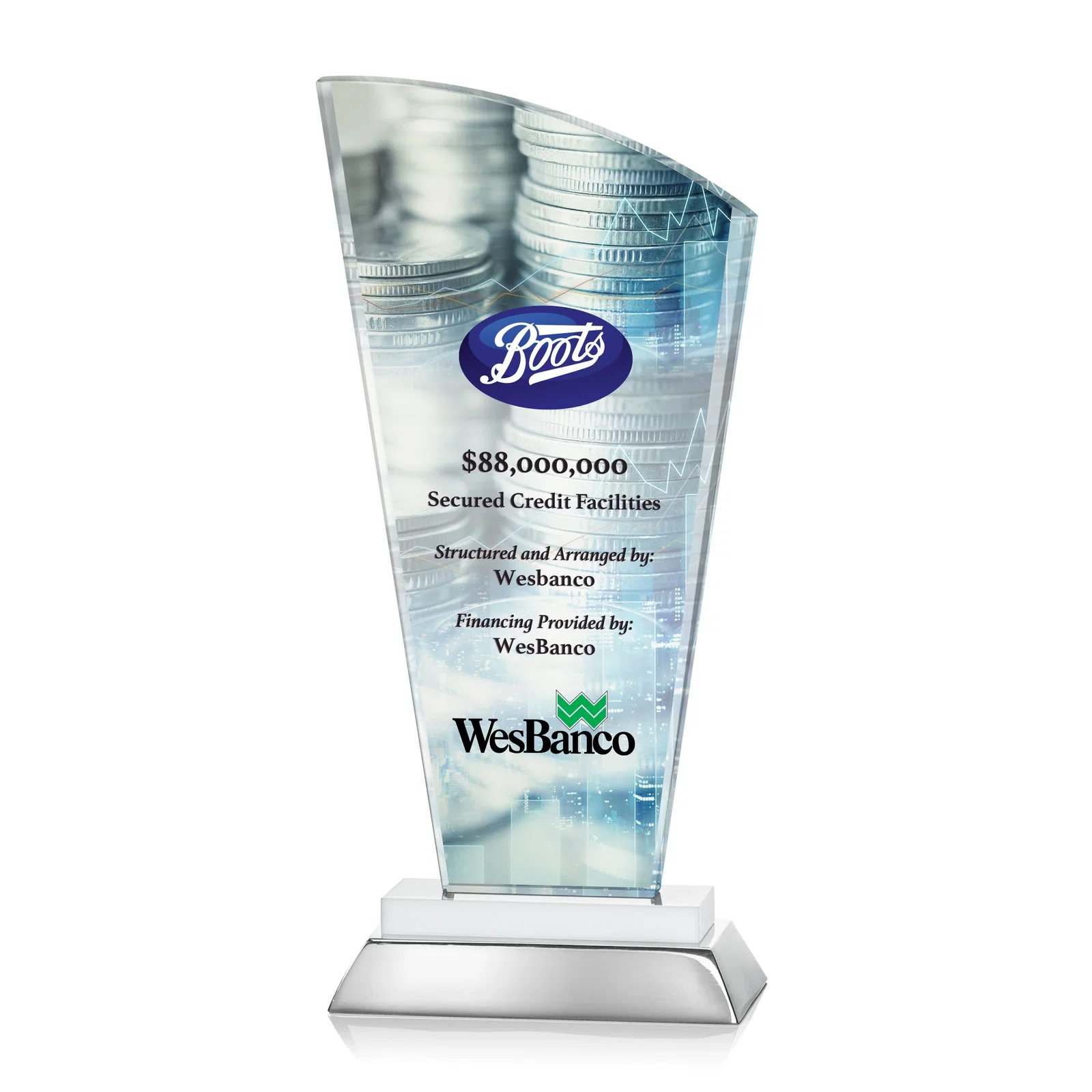 Promotional Starfire Crystal Arched-Peak Award, Blue and Aluminum Double Base, metal awards for company anniversary events