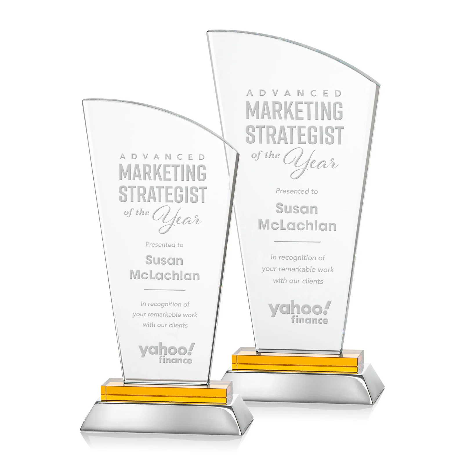 Custom Starfire Crystal Arched-Peak Award, Blue and Aluminum Double Base, metal awards for sales achievement awards