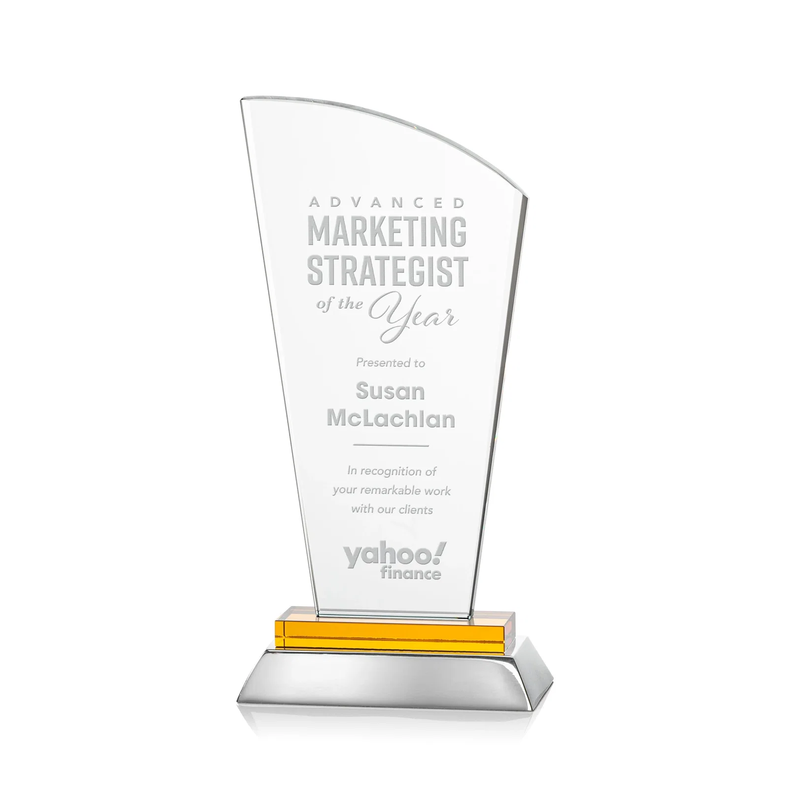 Custom Starfire Crystal Arched-Peak Award, Blue and Aluminum Double Base, metal awards for retirement presentations