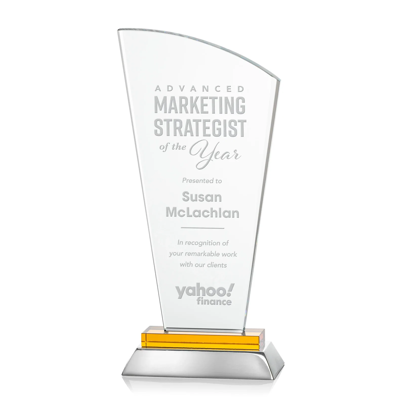 Custom Starfire Crystal Arched-Peak Award, Blue and Aluminum Double Base, metal awards for team milestone celebrations