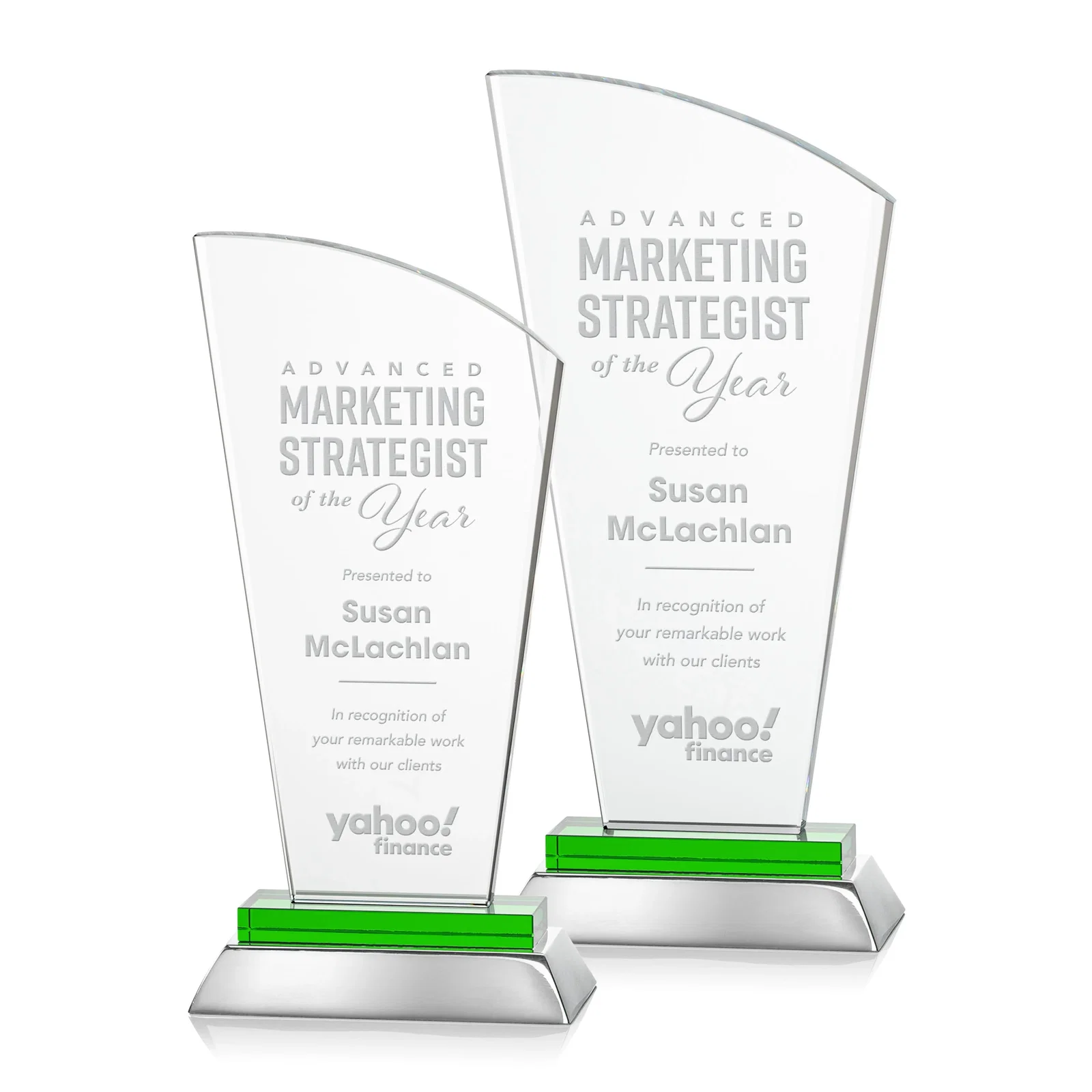 Custom Starfire Crystal Arched-Peak Award, Blue and Aluminum Double Base, metal awards for donor appreciation