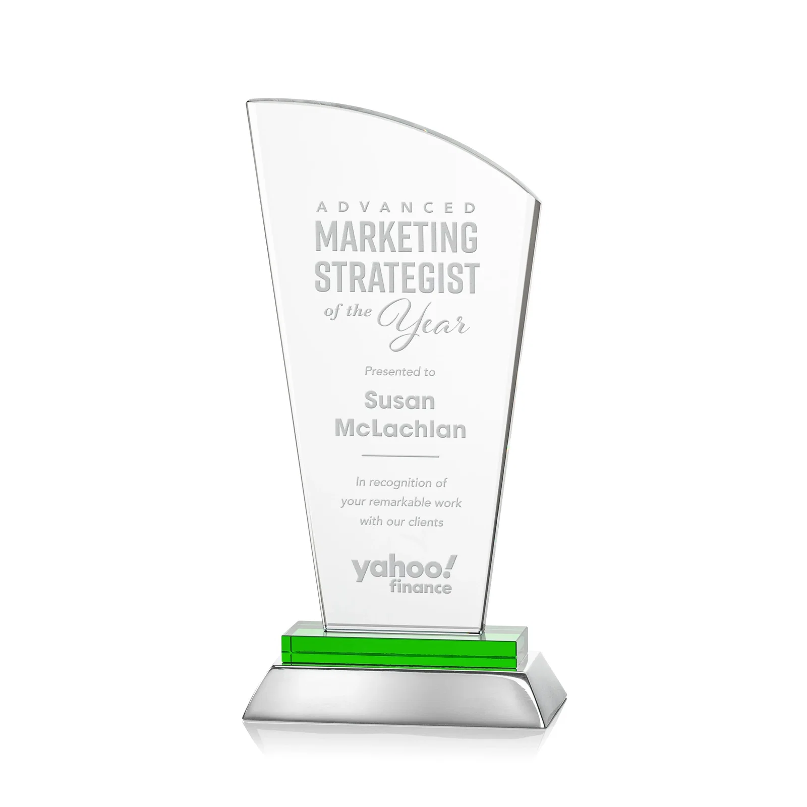 Custom Starfire Crystal Arched-Peak Award, Blue and Aluminum Double Base, metal awards for graduation ceremonies