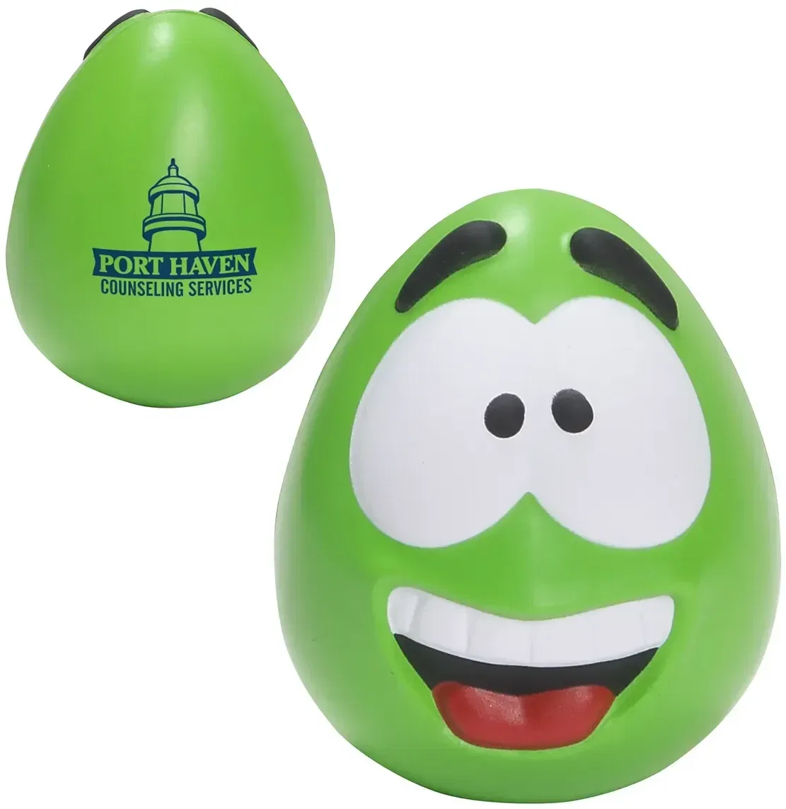Custom Happy Face Serenity Squishy, branded smiley squeeze toy back view with promotional logo print