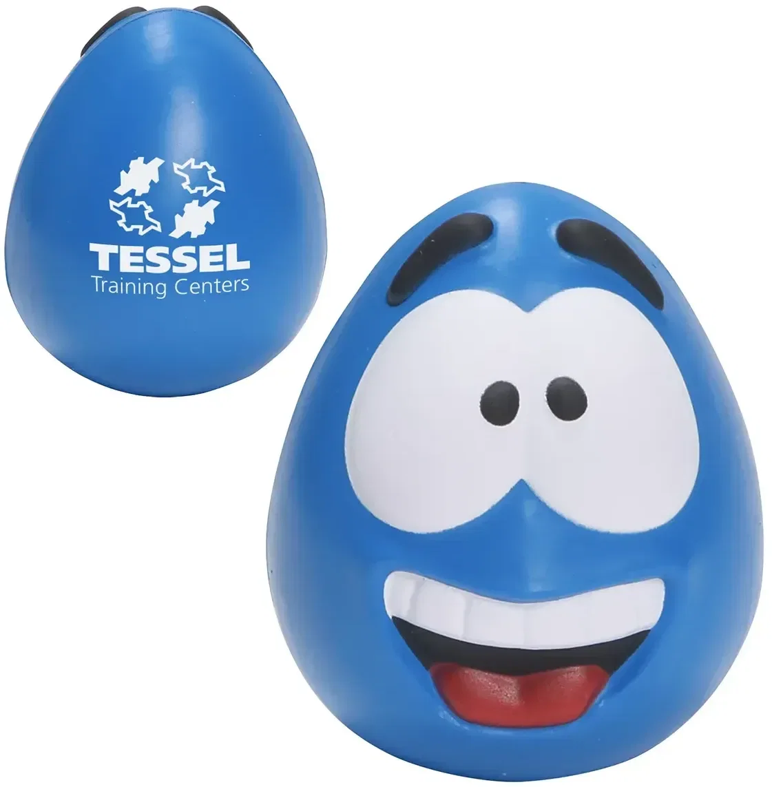 Custom Happy Face Serenity Squishy, branded smiley squeeze toy close-up of logo imprint area