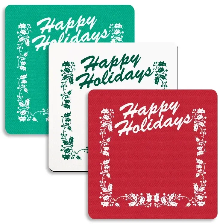 Happy Holidays Stock Jar Opener. Square rubber jar opener with holiday imprint for client gift mailings, view 2