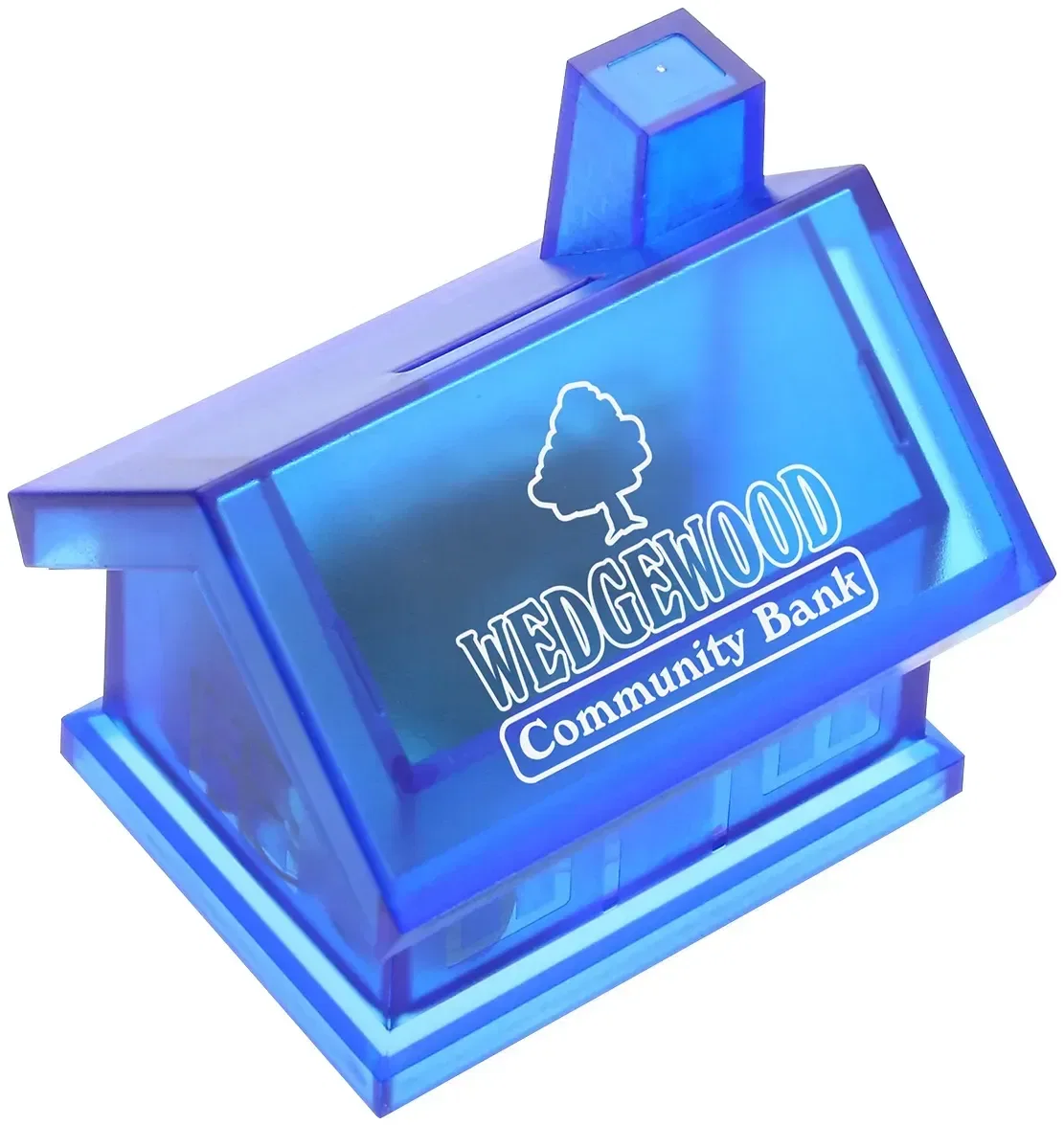 Happy Home custom house-shaped coin bank, branded savings keepsake, front view