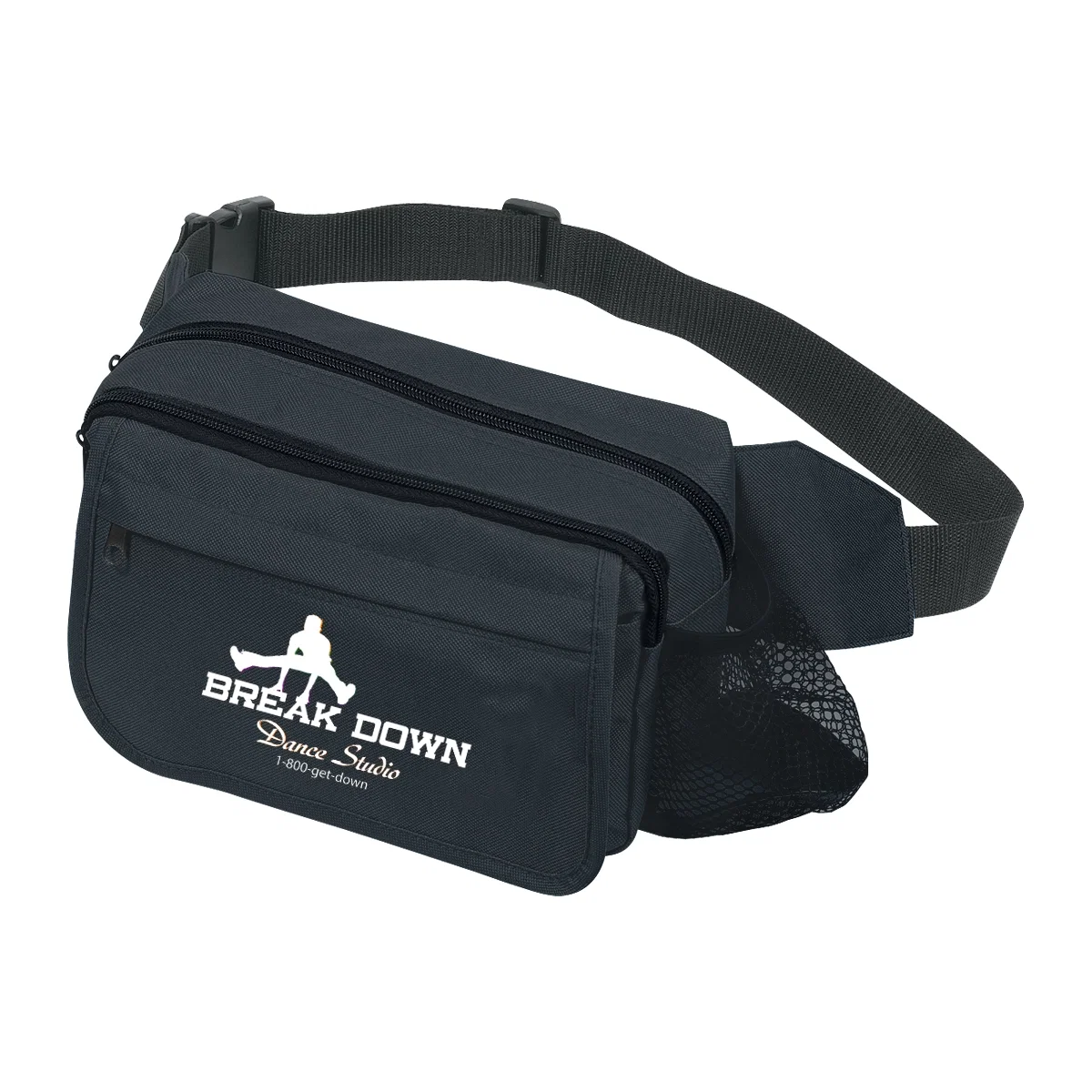 Black fanny pack shown with the waist belt extended