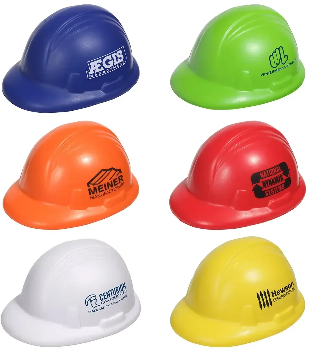 Hard Hat Stress Reliever, front view of the custom work-helmet squeeze toy with printable logo space